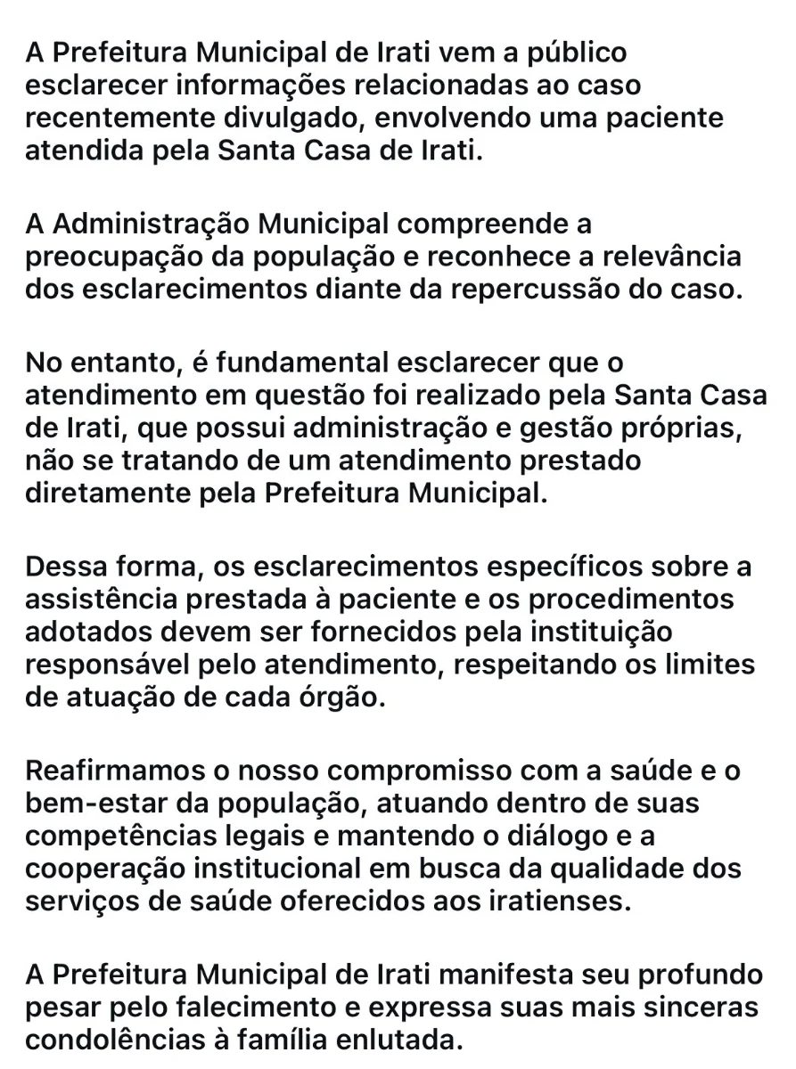 Nota Oficial da Prefeitura de Irati