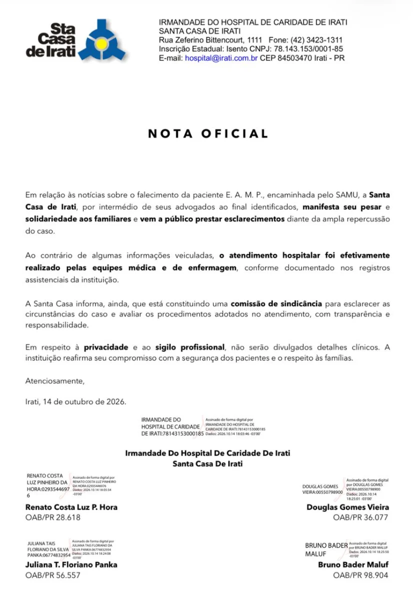 Foto: Nota oficial encaminhada pela Santa Casa de Irati ao Portal Irati.