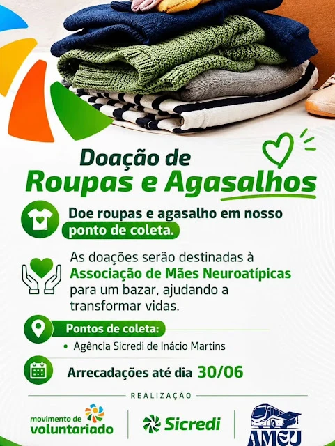 Campanha arrecada roupas e agasalhos para bazar beneficente em Inácio Martins