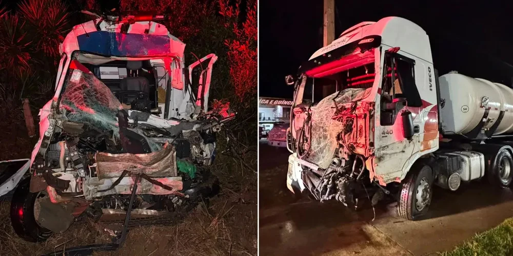 Colisão frontal entre caminhão e ambulância deixa 2 mortos na noite dessa quarta (22), em Pitanga