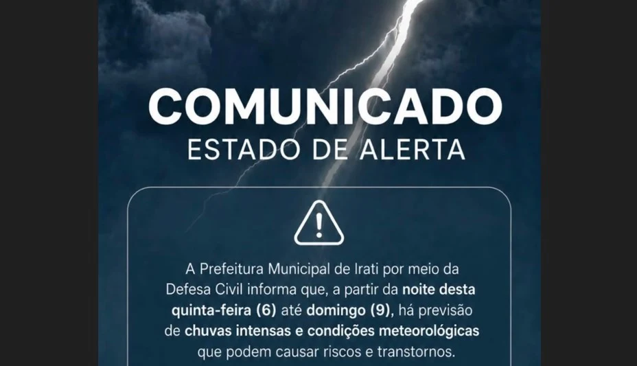 Defesa Civil de Irati alerta para chuvas intensas e risco de transtornos até domingo