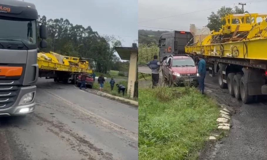 Caminhão e carro quase batem de frente durante manobra em trevo de Paulo Frontin