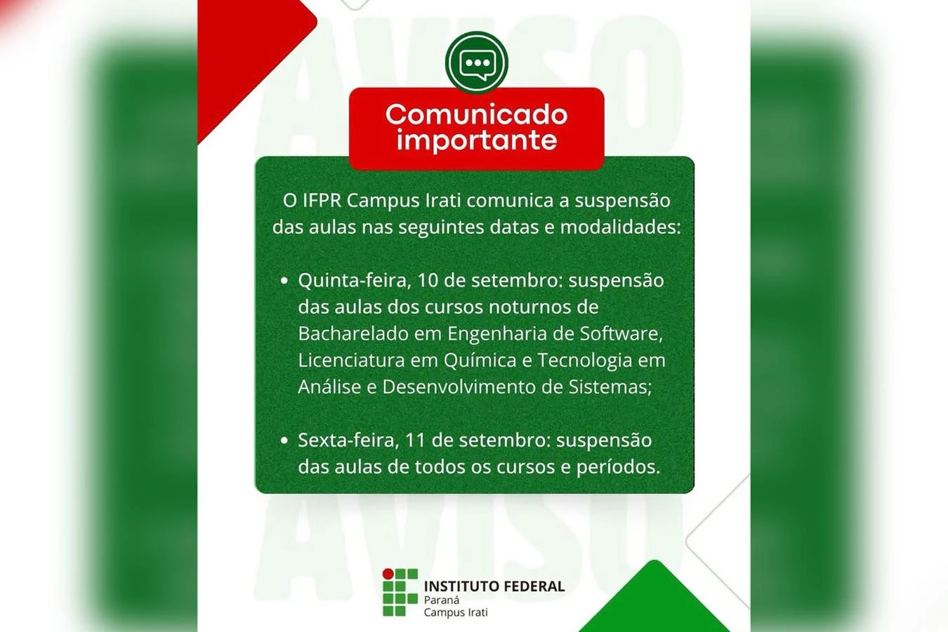IFPR Irati suspende aulas devido às fortes chuvas nesta quinta e sexta-feira