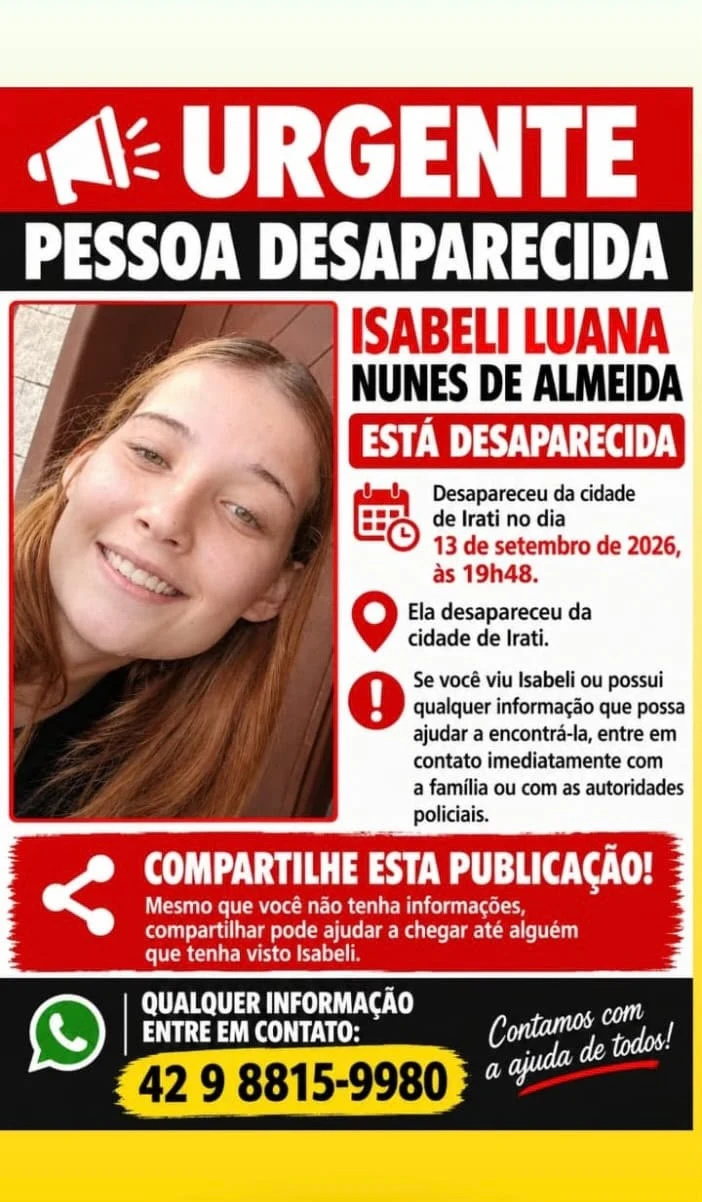 Última informação leva Isabeli Luana a posto no centro de Irati; família pede ajuda