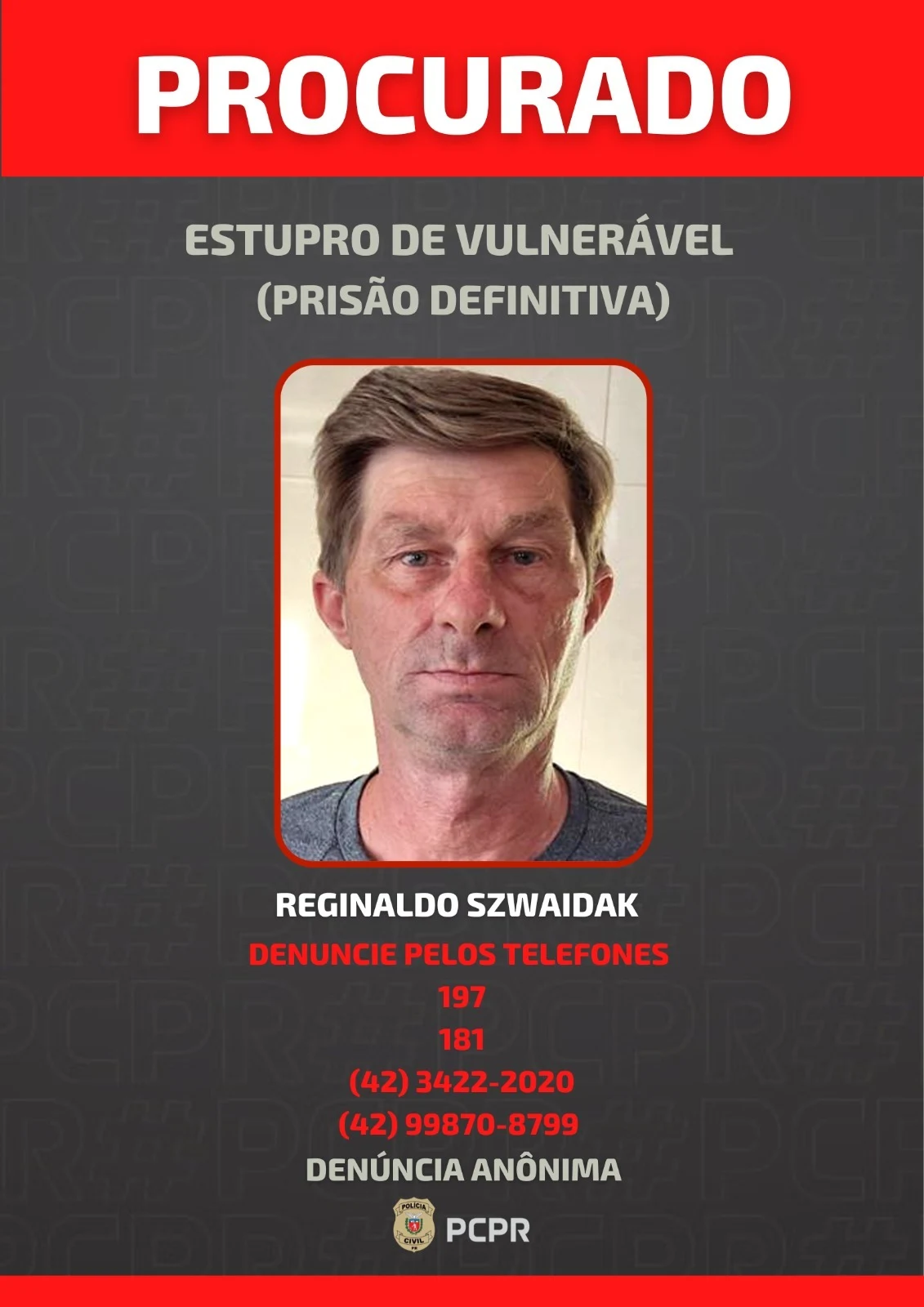 Condenado a mais de 16 anos por estupro de vulnerável contra criança está foragido; PCPR divulga foto em Irati