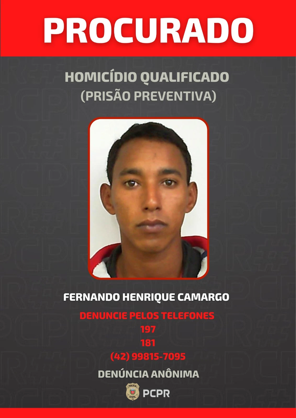 Homicídio em Palmeira: PCPR divulga nome de investigado e pede ajuda para localizá-lo